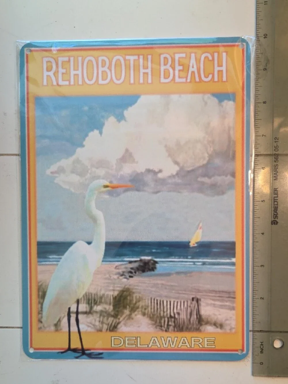 Painted Metal Sign - Rehoboth Beach Delaware Coastal Wall Art - Yellow & Blue